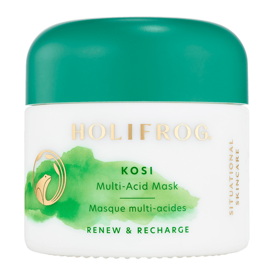 Holifrog Kosi Multi-Acid Mask jar on a green background